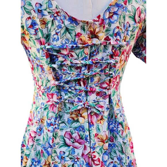 Colorful Floral Midi Lace Up Flowy Rayon Summer Ditsy Vacation Skater Dress Sz S - Picture 4 of 8
